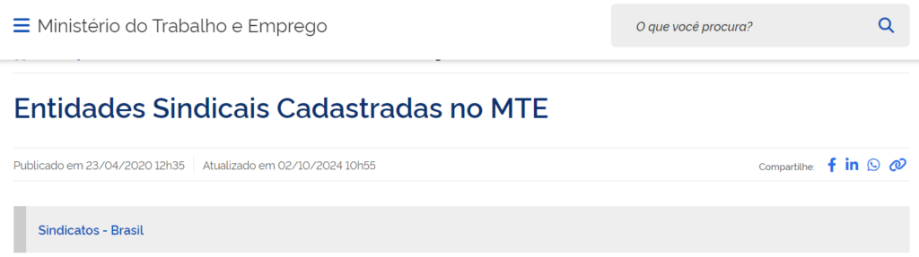 Captura de tela (print) do site do ministério do trabalho na aba "entidades sindicais cadastradas no MTE", para você descobrir qual seu sindicato