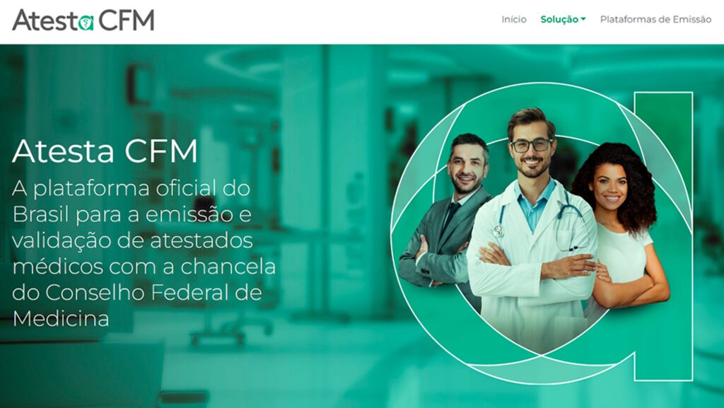 Print da página inicial do "Atesta CFM", plataforma oficial para emissão de atestados médicos.