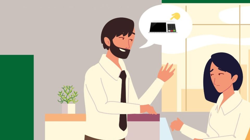 Desenho mostra chefe e funcionária conversando. Ela parece acuada. O balão de fala dele mostra uma urna eletrônica. A imagem indica assédio moral eleitoral no trabalho.